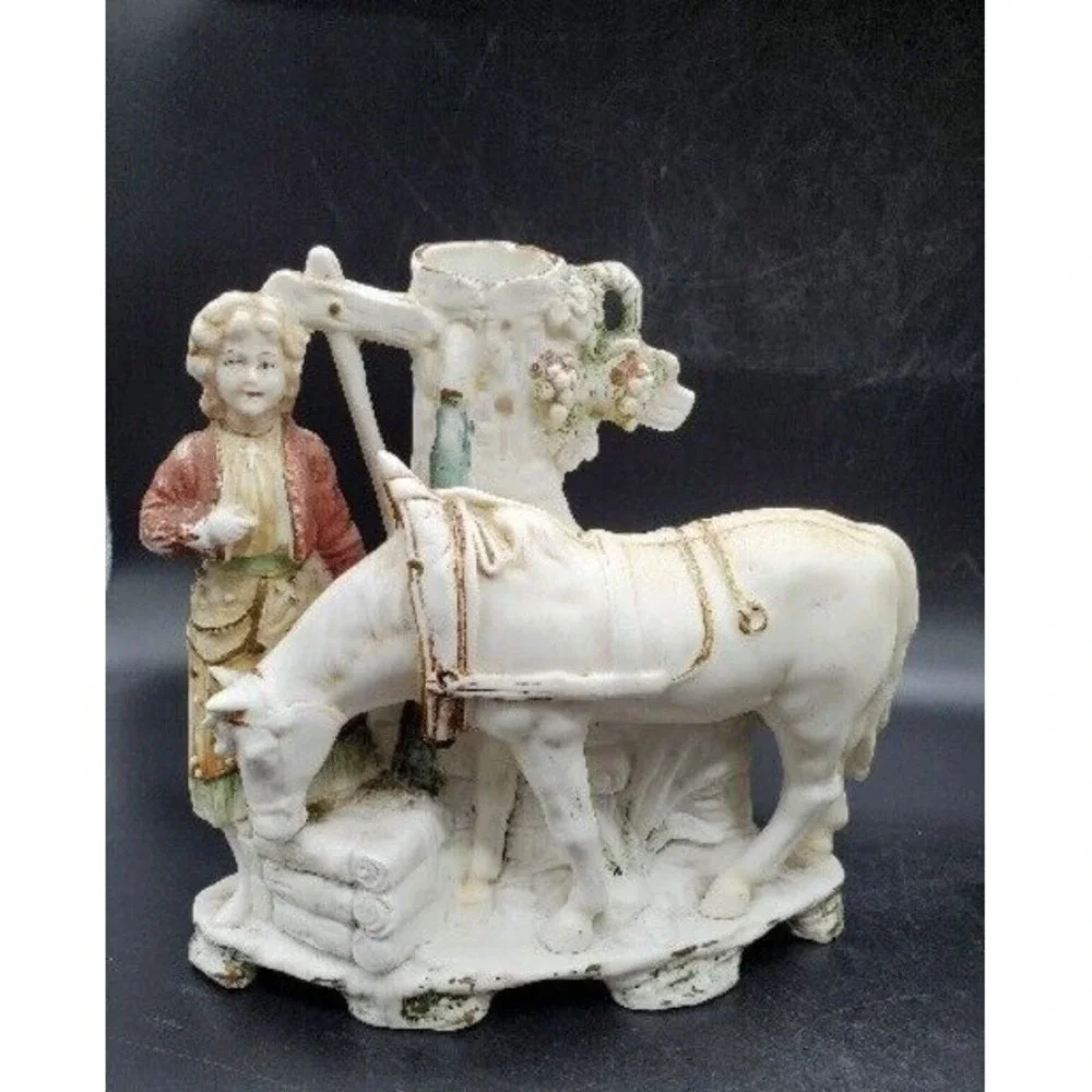 Antique‎ Pair German Grafental Bisque Porcelain Figurine Vase Horse People 6.5